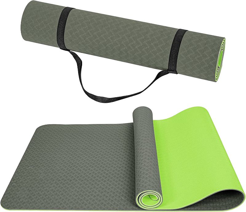 Photo 1 of Wpond yoga mat non slip fitness exercise mats TPE eco friendly pad with carrying strap for yoga Pilates gymnastics and home floor gym 72Lx234Wx1/4 inch thick green and gray 