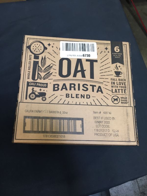 Photo 1 of Califia Farms - Oat Milk, Unsweetened Barista Blend| Shelf Stable | Non Dairy Milk | Creamer | Vegan | Plant Based | Gluten-Free | Non-GMO, 32 Fl Oz (Pack of 6)
BB: 05/22/22
