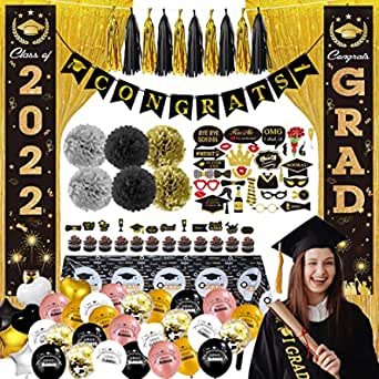 Photo 1 of 2022 Graduation Party Decorations, Gold Black Graduation Decorations for Graduation Party Supplies, Paper Tassel Graduation Banner Balloons Foil Fringe Curtains Graduation Set for Graduation Party
