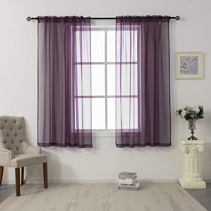 Photo 1 of 2 Panels Sheer Voile Curtains Draperies - Window Treatment Rod Pocket Light Filtering Curtains Drapes Panels for Bedroom Living Room Party Backdrop, Burgundy Wine Red, 52 Inch by 45 Inch
