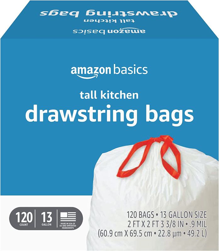 Photo 1 of Amazon Basics Tall Kitchen Drawstring Trash Bags, 13 Gallon, 120 Count
