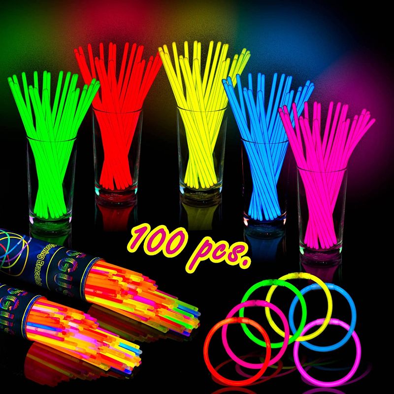 Photo 1 of 100 Pack Colorful Glow Sticks - Great For Party Supply - Glow in The Dark Glowing Sticks Fun Party Pack with 8" Glowsticks And Connectors For Weddings, Birthdays And More - Fun For Kids And Adults
