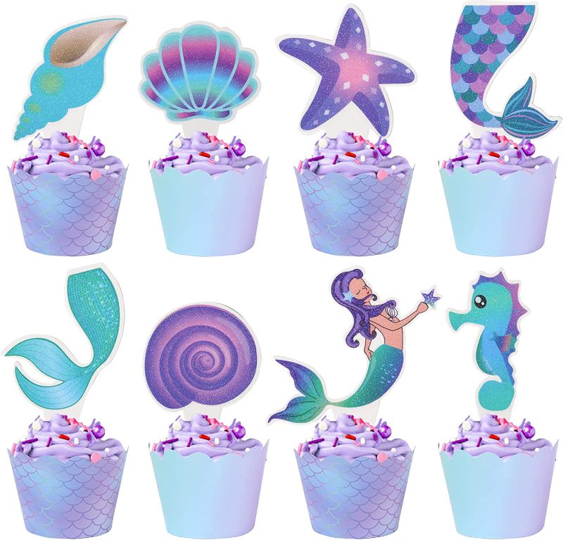 Photo 1 of 48 pieces of mermaid party decoration mermaid cupcake decoration paper, suitable for sea-themed party supplies Baby shower birthday party gifts
