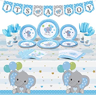 Photo 1 of 171 Pieces Elephant Baby Shower Decorations Kit It's a Boy Banners Elephant Plate Napkins Cups Disposable Forks Tableware Set Elephant Tablecloth for Boy Gender Reveal Birthday Party Decor, Serves 24