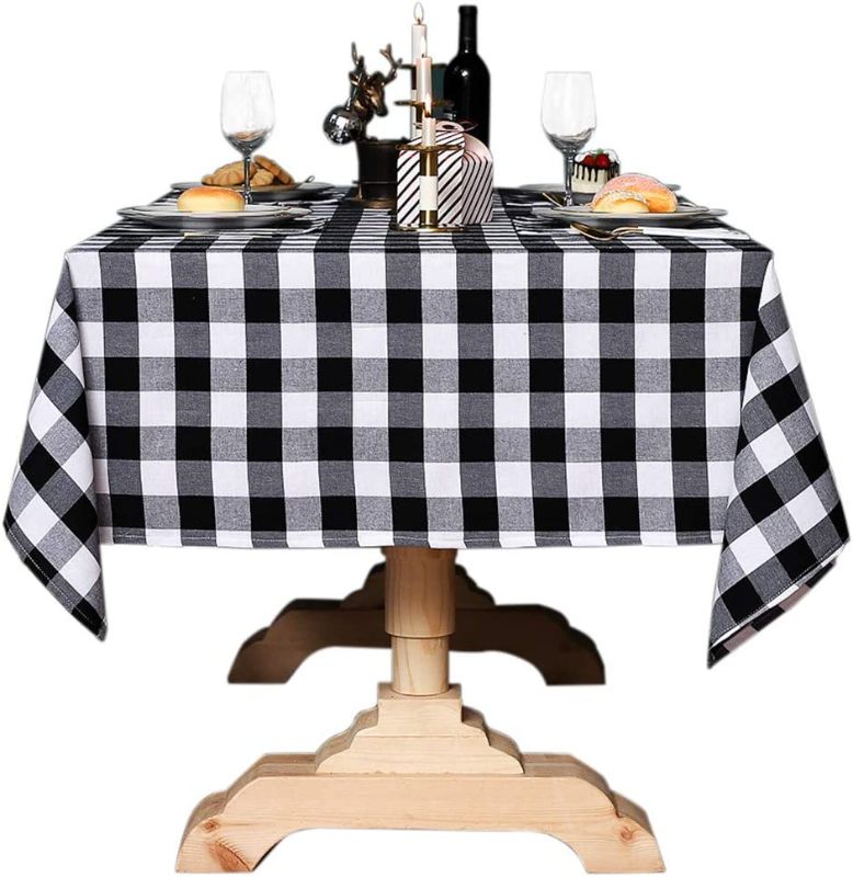 Photo 1 of Buffalo Plaid Rectangle Tablecloth Cotton Linen Check Plaid Table Cover for Christmas Party Wedding Table Decoration ( 55 x 70 Inch, White & Black )
