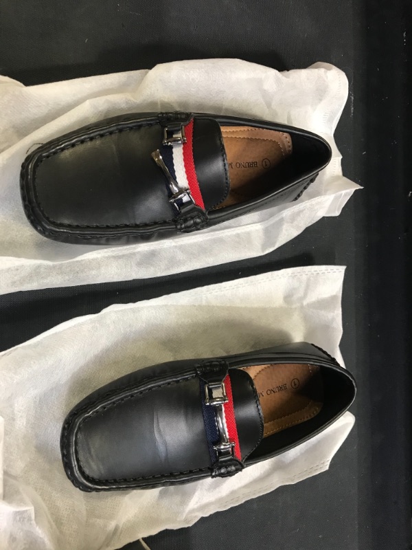 Photo 1 of boys dress shoes leather slides size 1 / damage on top clip is broken