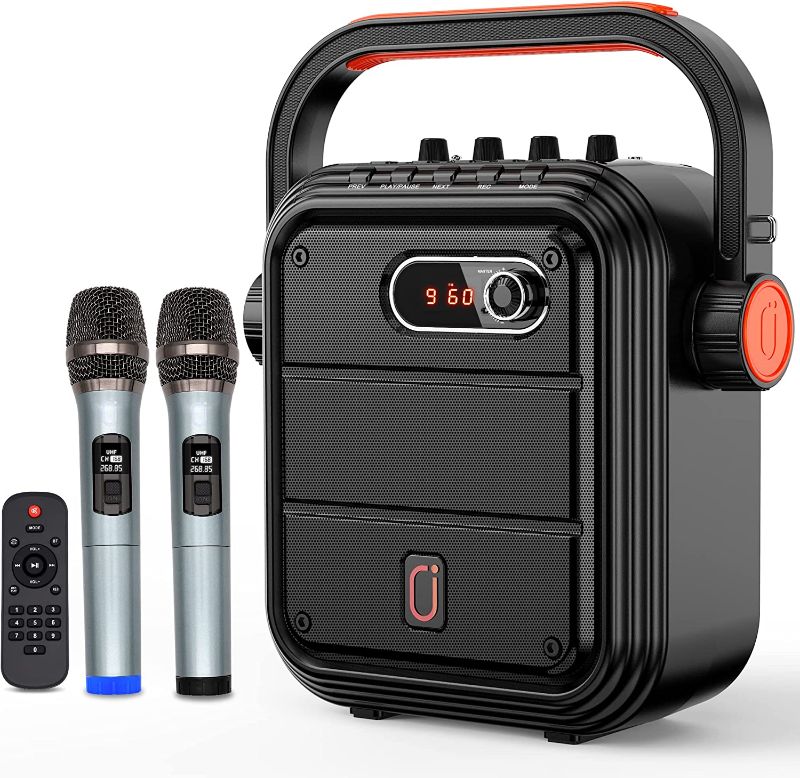 Photo 1 of JYX Karaoke Machine with 2 UHF Wireless Microphones, 5200mAh Portable Microphone Speaker Set Bluetooth 5.0 Rechargeable PA System with TWS, FM, REC, Supports Bluetooth/USB/TF Card/Aux-in for Party
