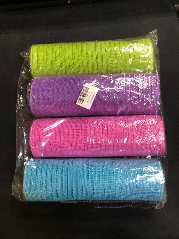 Photo 2 of 4 Rolls Deco Mesh Ribbon 10 inch x 30 feet Each Roll, Poly Mesh Metallic Foil Ribbon Easter Ribbon for Wreath Decoration DIY Crafts Making Supplies (GreenPurplePinkBlue)
