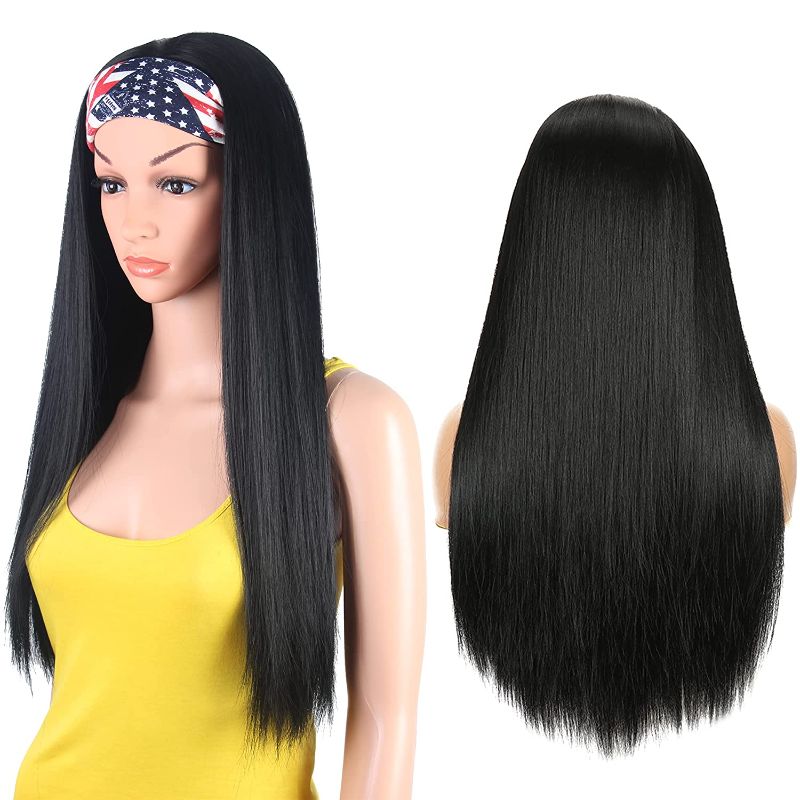 Photo 1 of King Gift Headband Wig Straight Hair 26 Inch Long Soft Silky Black Synthetic Wig with Silky Headband Glueless High Density Natural Looking Wig Heat Resistant Hair Wigs for Women Daily Party Use (Straight)

