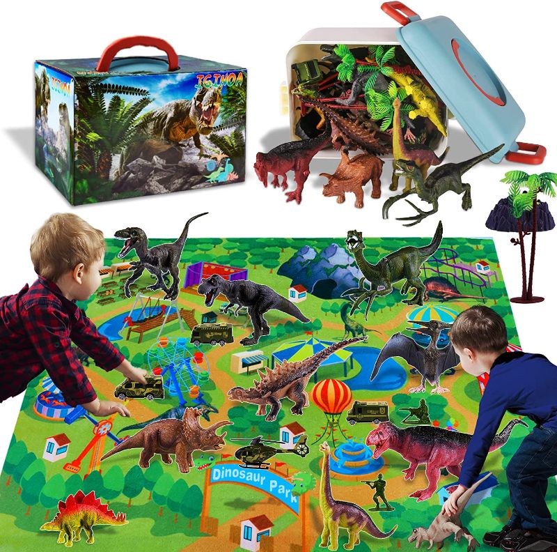 Photo 1 of 40 Pcs Dinosaur Dino Toy Game with Play Mat, Figure Playset with Tree Rockery Car Soldier T-Rex Triceratop etc, Perfect Educational Realistic Birthday Gift for Kid 3 4 5 6+ Boy Girl
