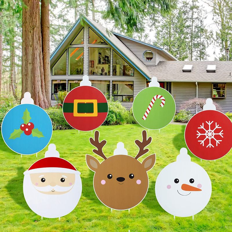 Photo 1 of 7 Pieces Christmas Decorations Outdoor Large Holiday Outside Yard Decor Xmas Winter Yard Sign Snowman Santa Decorative Garden Sign with Stake for Lawn Decor Winter Pathway Walkway Wonderland Ornament
