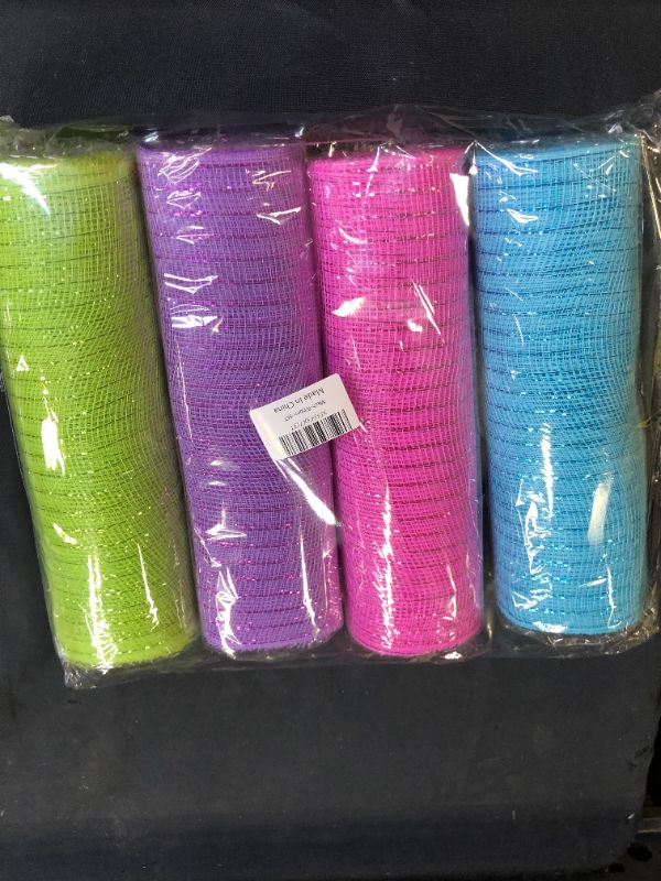 Photo 2 of 4 Rolls Deco Mesh Ribbon 10 inch x 30 feet Each Roll, Poly Mesh Metallic Foil Ribbon Easter Ribbon for Wreath Decoration DIY Crafts Making Supplies (GreenPurplePinkBlue)
