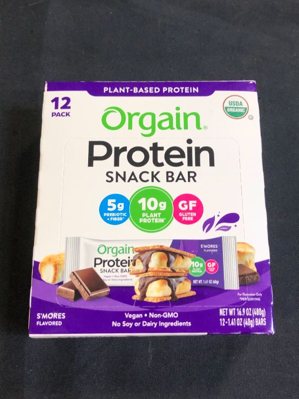 Photo 1 of Orgain Organic Plant Based Protein Bar, S'Mores - 10g of Protein, Vegan, Gluten Free, Non Dairy, Soy Free, Lactose Free, Kosher, Non-GMO, 1.41 Ounce, 12 Count (Packaging May Vary) EXP 09/23/22