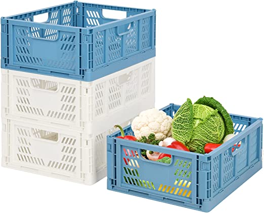 Photo 1 of 2 Blue 2 white Plastic Storage Basket Folding Storage Boxe Crate Drawer Organizer Stackable Shelf Basket Collapsible Closet Container Food Fruit Bottle Book Organiser for Home Office Kitchen Basket
