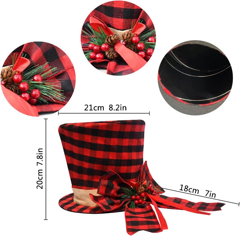 Photo 1 of Christmas Tree Topper Hat Unique, Collapsible Tree Topper Ornament Accent Red Black Plaid Fabric Top Hat w/Bow, Holiday Hat Decoration, Christmas Tree Decor
