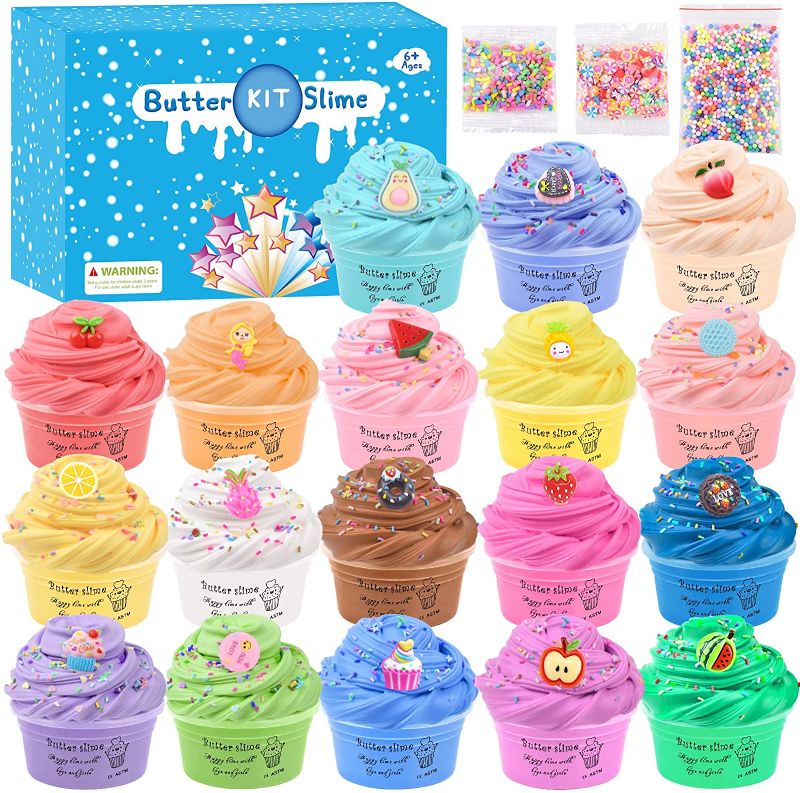 Photo 1 of 18 Pack Super Soft Butter Slime Kit, with Candy, Ice Cream, Fruit, Cute Slime Fun Charms, Scented Slime Party Favor Gifts for Girls and Boys, DIY Putty Slime Toys for Kids
