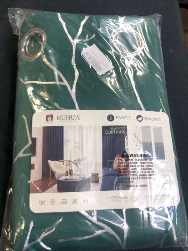 Photo 2 of BUHUA Blackout Curtains with Silver Metallic Tree Branches Designed Energy - Saving Thermal Insulated Grommet Drapes for Bedroom, Emerald-Beryl  52" x 63" , Set of 2 Panels
