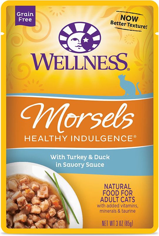 Photo 1 of Wellness Healthy Indulgence Morsels Grain Free Wet Cat Food Pouches, Morsels of Protein in Gravy Sauce, Natural, Adult, Added Vitamins, Minerals, and Taurine (24 pack)
