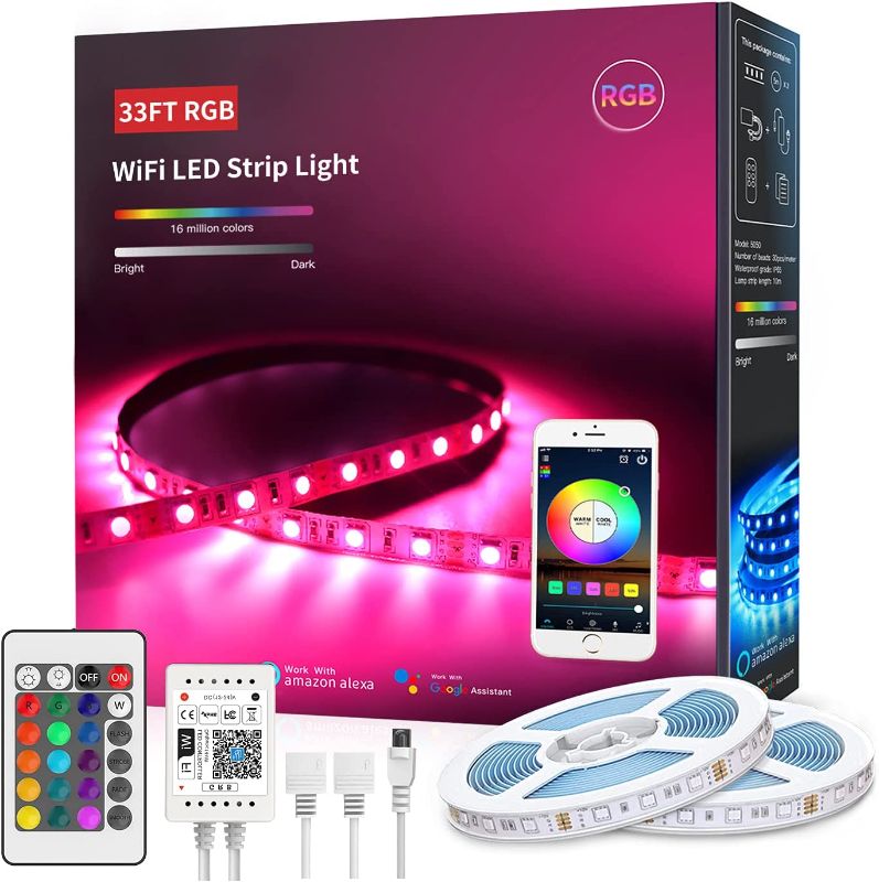 Photo 1 of Smart RGB Strip Light 33ft, VANANCE Color Changing WiFi LED Tape Light, Smart App/Remote Control, Works with Alexa Google Assistant, Smart Light Strip for Bedroom, Home, Kitchen, Party (2x5m)
