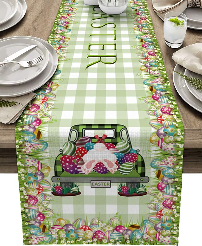 Photo 1 of Easter Spring Table Runner, Colorful Easter Eggs Truck Buffalo Plaid Rustic Table Runner for Holiday Birthday Party Kitchen Dining Table Home Decor, 13x108In
