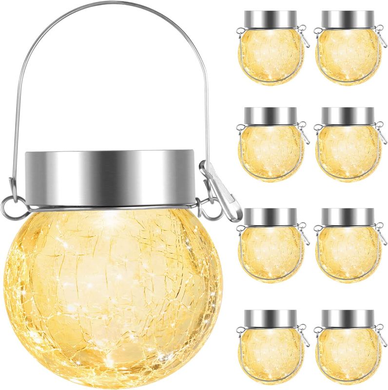 Photo 1 of 8-Pack Hanging Solar Lights Outdoor, Decorative Cracked Glass Ball Lights Solar Powered, Waterproof LED Globe Lantern for Pathway, Tree, Garden, Yard, Patio, Umbrella, Wedding Decor (Warm White)
