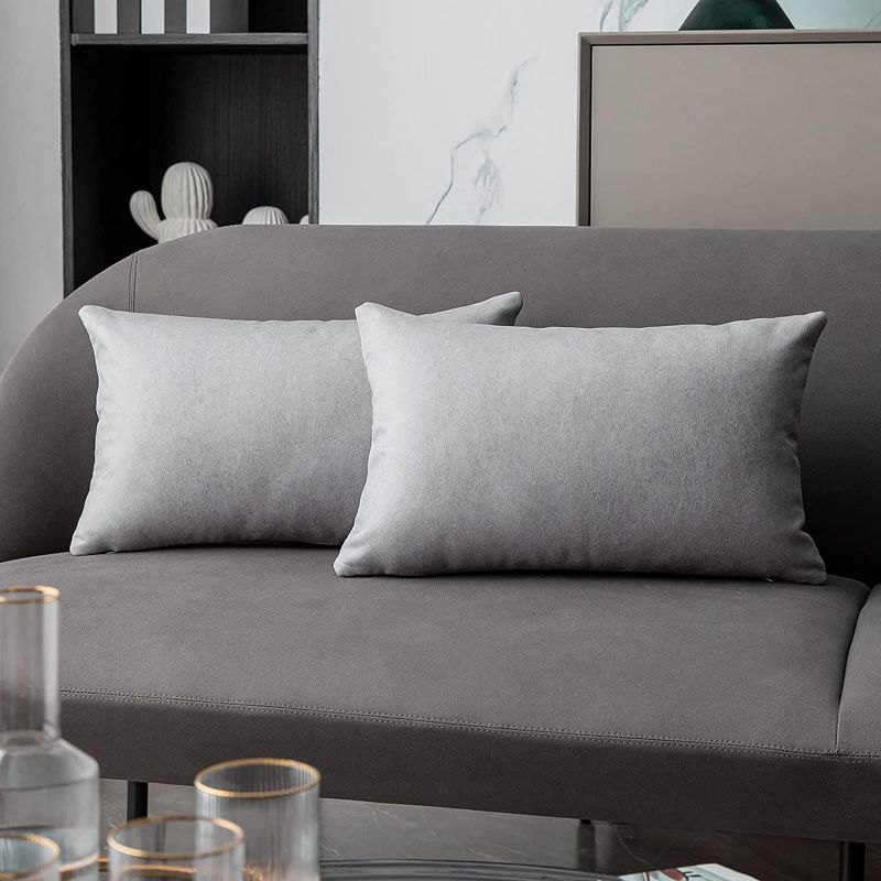 Photo 1 of Anickal Light Grey Lumbar Pillow Covers 12x20 Inch Set of 2 Luxurious Soft Faux Suede Leathaire Modern Accent Decorative Throw Pillow Covers Cushion Cases for Bedroom Living Room Couch Bed Sofa
