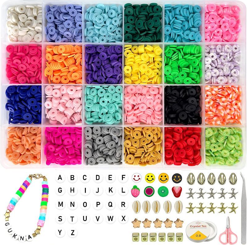 Photo 1 of  4800Pcs Clay Beads for DIY Bracelet Jewelry Making kit, 6mm 24 Colors Flat Round Polymer Clay Spacer Beads with Pendant Charms Kit and Elastic Strings, for Girlfriend Kid
