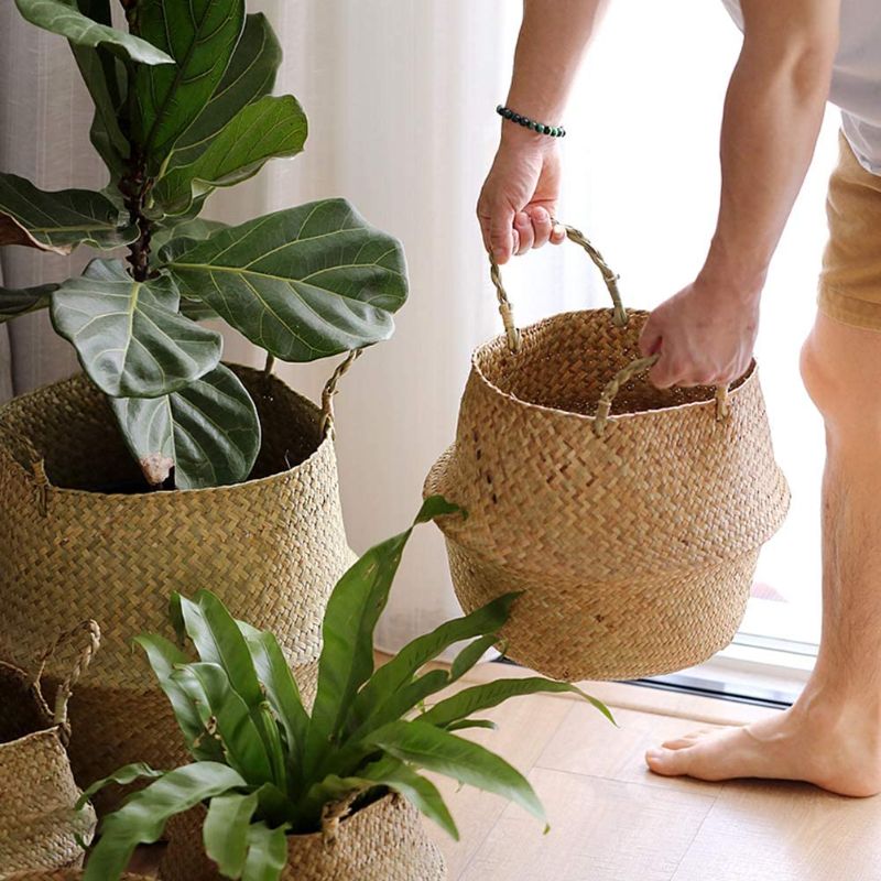 Photo 1 of WITUSE 3 Pcs Woven Seagrass Plant Basket with Handles, Foldable Storage Plant Pot Belly Basket, for Laundry, Picnic, Grocery Basket and Toy Storage - 3 Sizes
