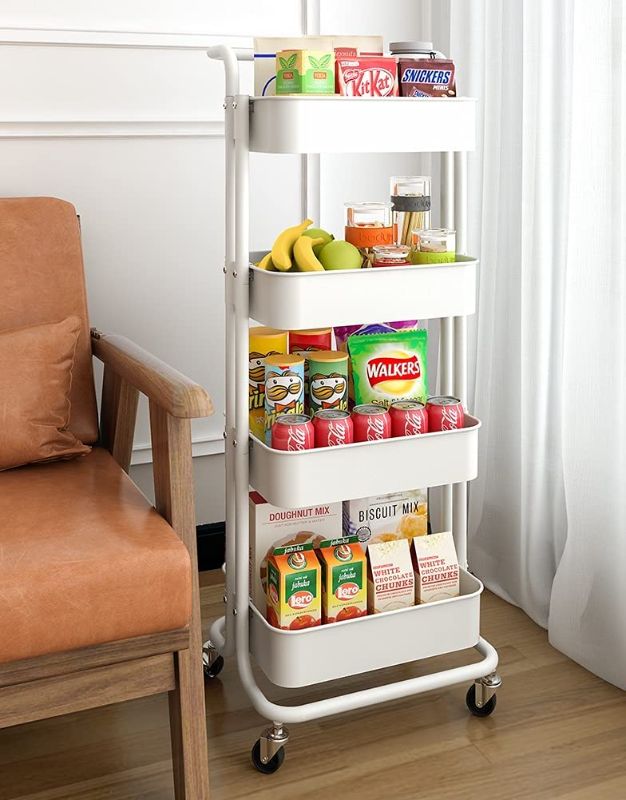 Photo 1 of 4 Tier Cart Rolling Utility Organizer Trolley Storage Shelf Rack with Lockable Wheels and Handles for Living Room Kitchen Office (4 Tier-White)
