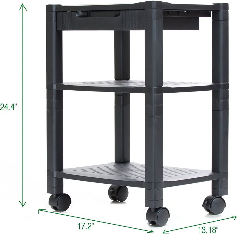 Photo 1 of Mind Reader 3-Shelf Printer Cart, Stand with Wheels, Drawer, Cord Management
DIMENSIONS: Fully extended to three tiers, this item is 13.18 (L) x 17.2 (W) x 24.4 (H)