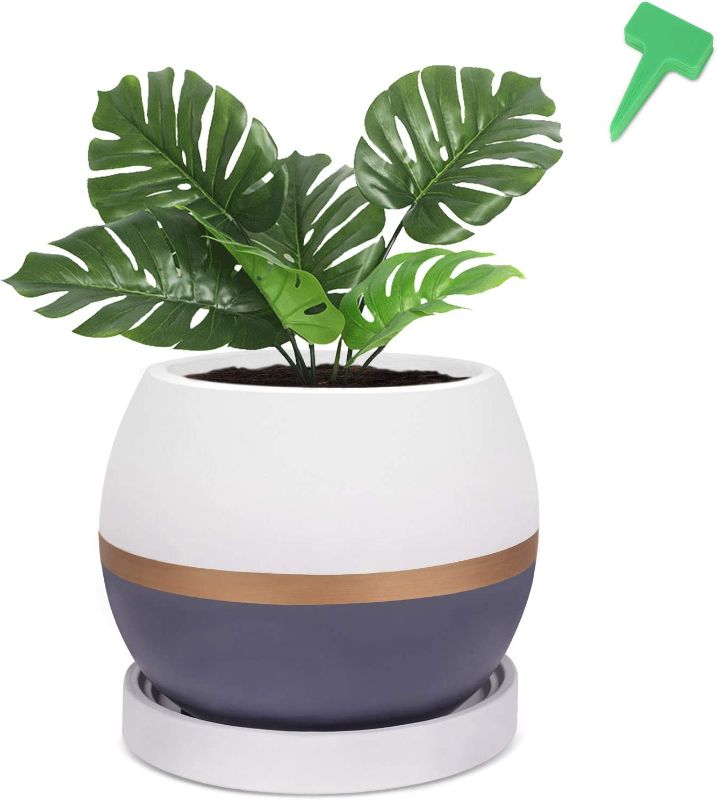 Photo 1 of CEED4U 5.1 Inches Modern Cement Planter Flower Pots with 15 Pcs Plant Labels, Home Décor Plant Pot with Saucer for Indoor and Outdoor Plants
