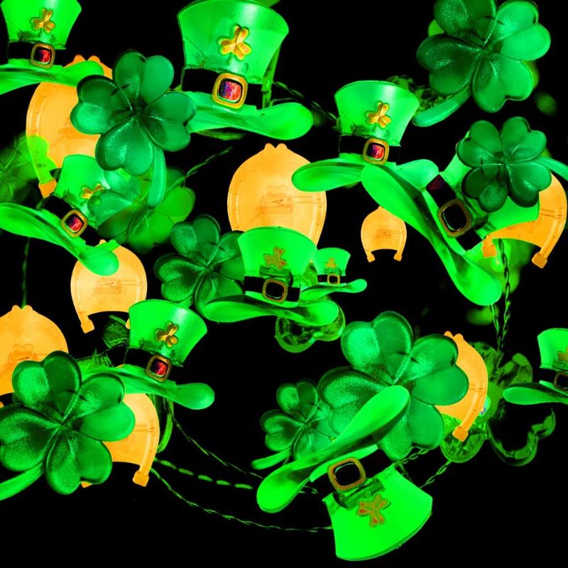 Photo 1 of SHOKUTO Shamrocks Leprechaun Hat Lights St. Patricks Day Decorations 10Ft 40Led Green Lucky Clovers Fairy String Lights Battery Power Irish St.Patricks Decoration Indoor Outdoor Home 2 pack
