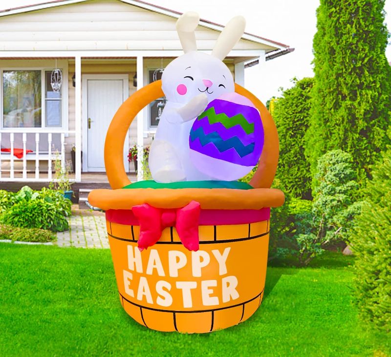 Photo 1 of ECOOSTAR 6FT Tall Easter Decorations Inflatables Bunny with Basket, Blow UpYard Build-in LED Lights, Decor for Outdoor & Indoor, Yard, Garden, Lawn, RH-120-0600U4-1, white
