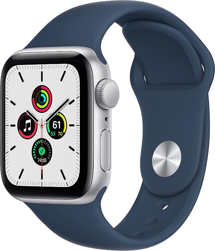 Photo 1 of Apple Watch SE [GPS 40mm] Smart Watch w/ Silver Aluminium Case with Abyss Blue Sport Band. Fitness & Activity Tracker, Heart Rate Monitor, Retina Display, Water Resistant [ MINOR TEAR ON SEAL DUE TO TRANSPORTATION / ITEM INSIDE BRAND NEW NEVER OPENED  ]  