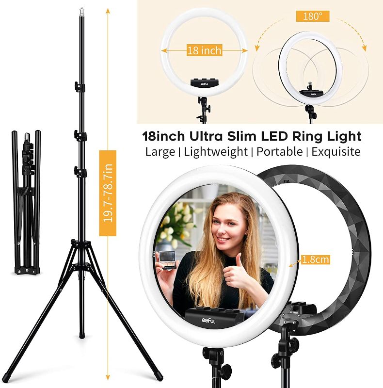 Photo 1 of 18 Inch LED Ring Light Set - Professional Dimmable 5600k Ringlight Ultra Slim Lighting Ring Kit with Tripod Stand for Photo Studio Lighting Portrait YouTube TikTok Video Makeup Live Streaming 55W
