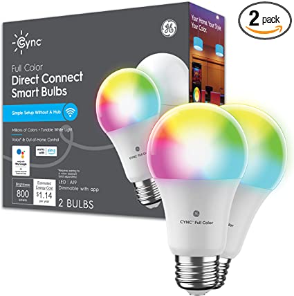 Photo 1 of GE CYNC Smart LED Light Bulbs, Full Color, Bluetooth and Wi-Fi Enabled, Alexa and Google Home Compatible (2 Pack), 