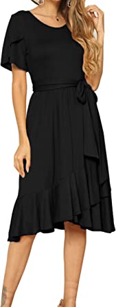 Photo 1 of levaca Women's Plain Casual Flowy Short Sleeve Midi Dress with Belt BLACK 
SIZE M