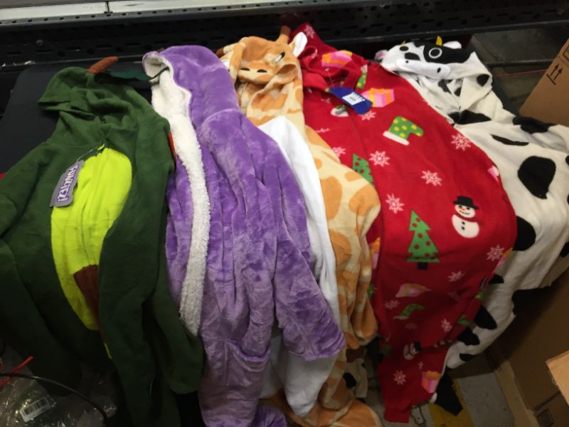 Photo 1 of FUNZIEZ/SILVER LILLY  unisex-adult ONESIES 5 PACK  -  AVOCADO XL, PURPLE ROBE MEDIUM, GIRAFFE XL, CHRISTMAS PJ XS, COW SMALL
