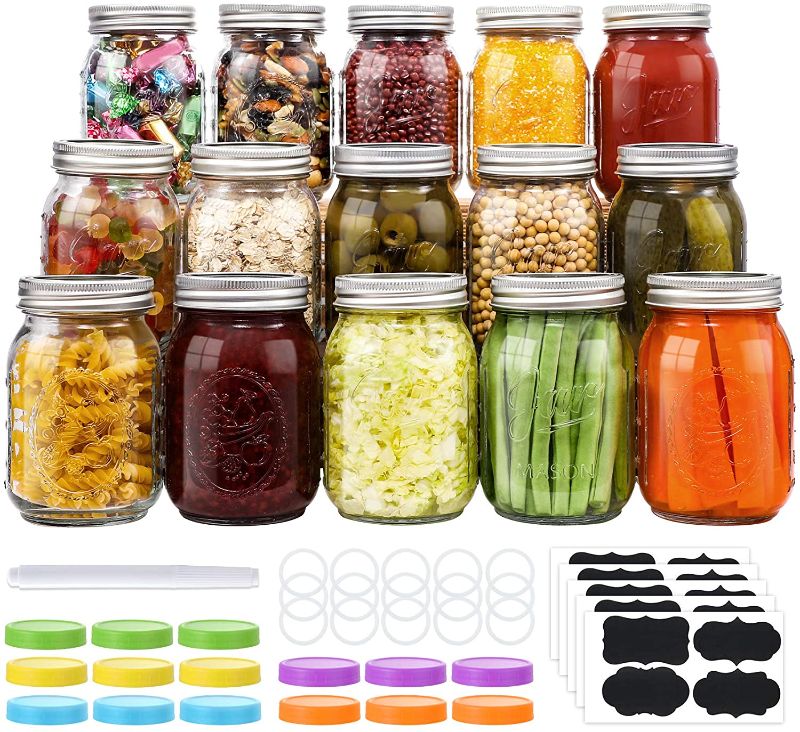 Photo 1 of 15 Pcs Mason Jars 16 oz with Lids, Regular Mouth Canning Jars with Metal Airtight Lids and Bands, Extra Leak-Proof Colored Lids, Chalkboard Labels, Marker, for Meal Prep, Food Storage, Canning, Preserving
