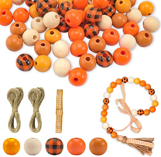 Photo 1 of 240 Pcs Wooden Beads Craft Supplies Buffalo Plaid Wood Beads Yellow Orange Wood Spacer Beads with Hemp Rope Plaid Ribbon DIY Craft Kit for Garland Decoration