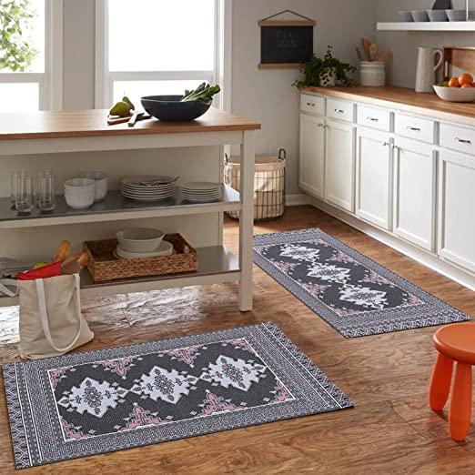 Photo 1 of RoomTalks Oriental Turkish Runner Rug Charcoal Gray 2x4.4 Persian Hippie Aztec Tribal Cotton Small Area Runners with Non-Slip Pad, Kilim Rug for Kitchen Bathroom Entryway Mat Washable, 2x4.4