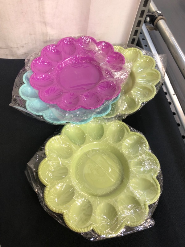 Photo 2 of  4Pcs Deviled Egg Plates, Round Plastic Deviled Egg Platter Tray,Holds 12 Eggs, Reusable Container for Stuffed Eggs and Serving 9.4 inch (Random Color)