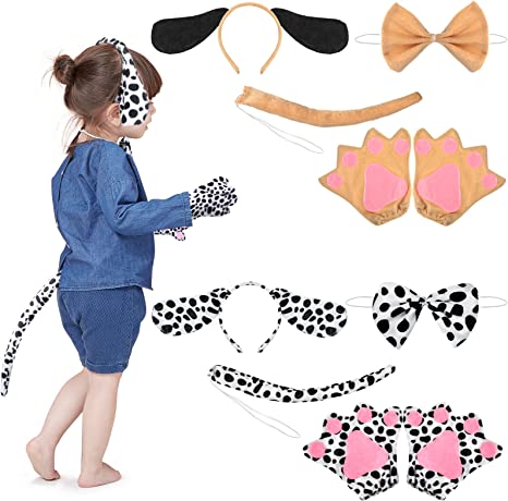 Photo 1 of Dalmatian Dog Costume Sets Dog Ears Headband Costume Black and White Dog Ears Headband, Paw Gloves, Bowtie and Tail Accessories Set Puppy Dog Costume for Kids Dress up Cosplay Party Decorations
