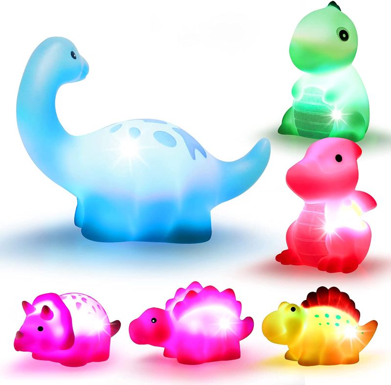 Photo 1 of Cibolar Dinosaur Bath Toys Light-Up 6 Packs Floating Bath Toys Set for Baby Toddlers Kids in Birthday Easter Christmas Shower Pool Bath Toys Boys Girls Children Preschool Bathtub Bathroom
