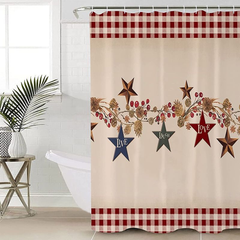 Photo 1 of Comforhouse Farm Fabric Shower Curtain,Farmhouse Star Bathroom Curtain with 12 Hooks, Waterproof Odorless Machine Washable Bath Curtain for Bathroom, Spa Room, Backdrop, 72*72 inch
