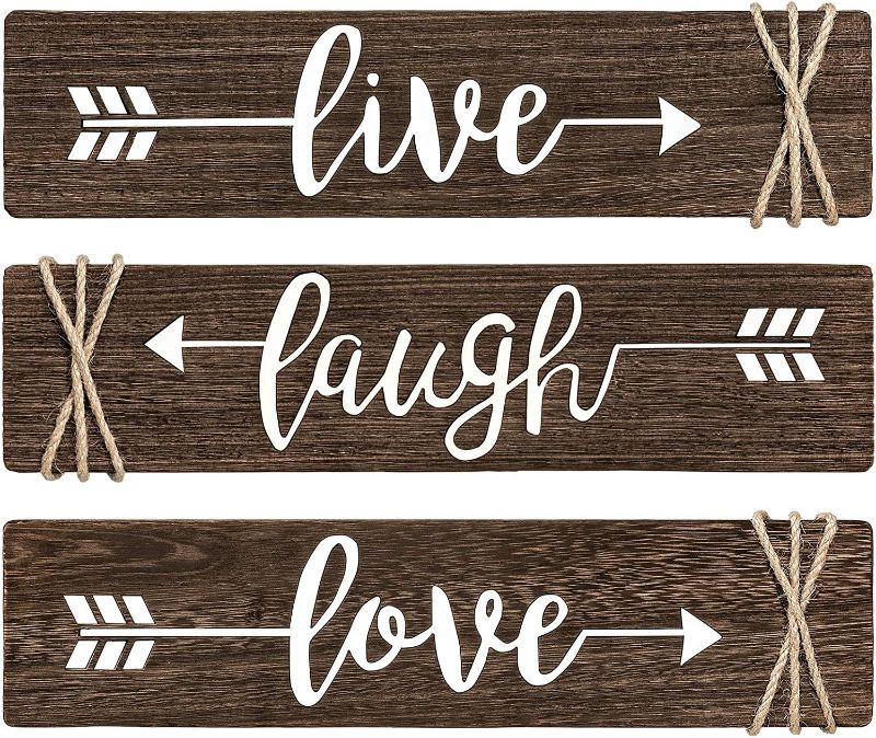 Photo 1 of Dahey 3 Pieces Rustic Wood Sign Arrow Wall Decor Live Laugh Love Quote Sign Farmhouse Wall Mount Decoration for Home, Living Room, Mothers Day, Wedding, Housewarming Gift 13"x 3", Brown
