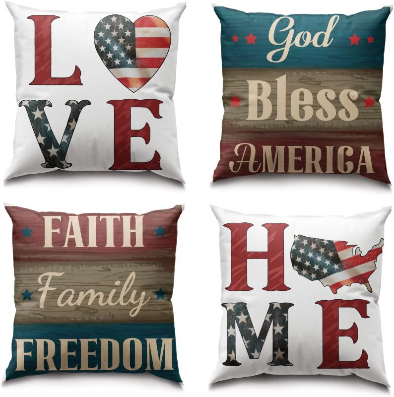 Photo 1 of Alloirl 4th of July Decorations Pillow Covers 18x18 Set of 4, Memorial Day Decorations, Patriotic Decorations for Home, Freedom God Blessd American Pillow for Couch Bedroom Living Room Outside
