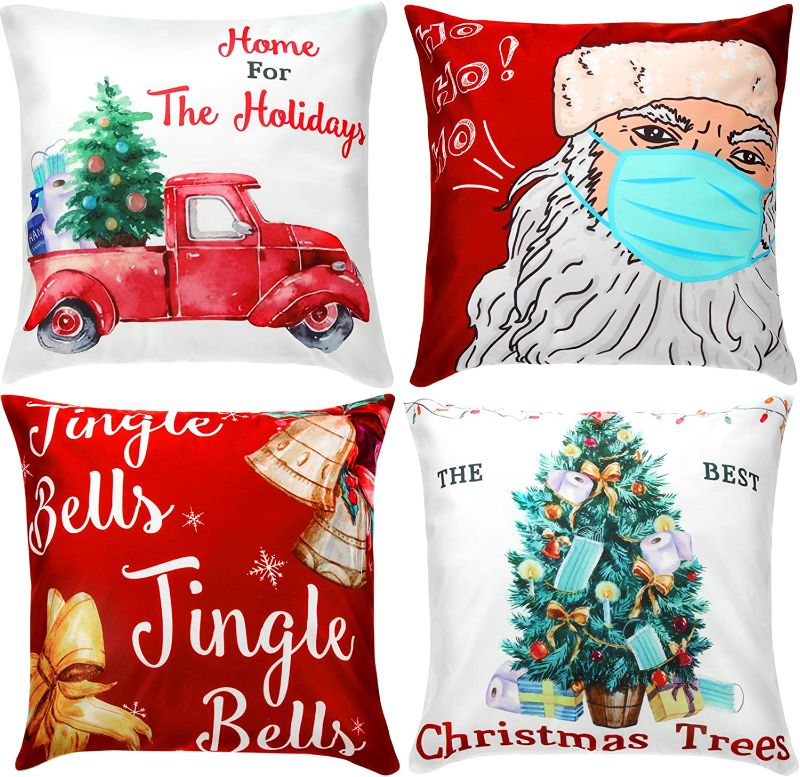 Photo 1 of 4 Pieces Christmas Pillow Cover Xmas Home Decorative Pillowcase Christmas Tree Bell Santa Pillow Cover Rustic Winter Holiday Throw Pillow Christmas Square Cushion Cover for Home Decor, 18 x 18 Inch
