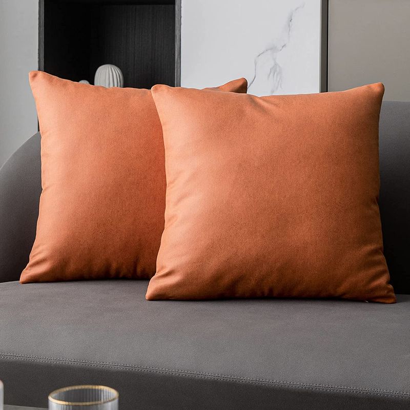 Photo 1 of Anickal Orange Pillow Covers 16x16 Inch Set of 2 Luxurious Soft Faux Suede Leathaire Modern Accent Decorative Square Throw Pillow Covers Cushion Cases for Bedroom Living Room Couch Bed Sofa
--- Factory Sealed --- 