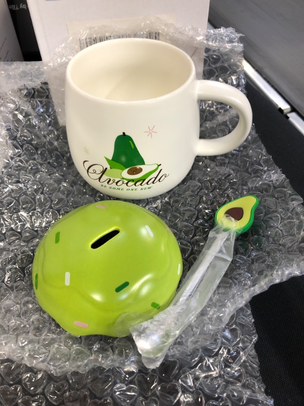 Photo 2 of Ceramic Mug Coffee Cup porcelain cup With Lid Spoon And Handle-Avocado Creative Funny Cartoon Water Cup, Tea Cup, Soup, Latte, Milk, Cappuccino ,Dishwasher Cleaning, High Temperature Resistanc

